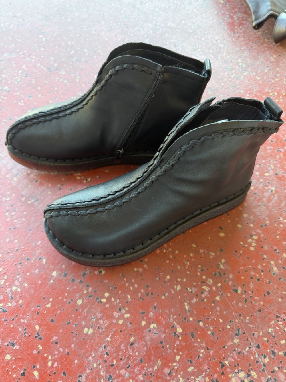 Black Leather Braided Trim Ankle Boots